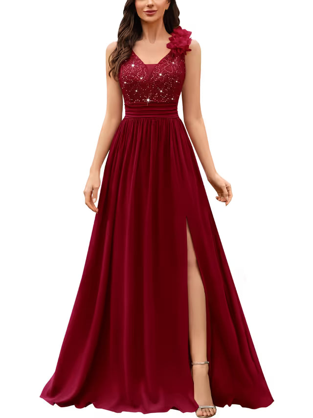 Womens Vintage V-Neck Sequined Maxi Dress – Red L