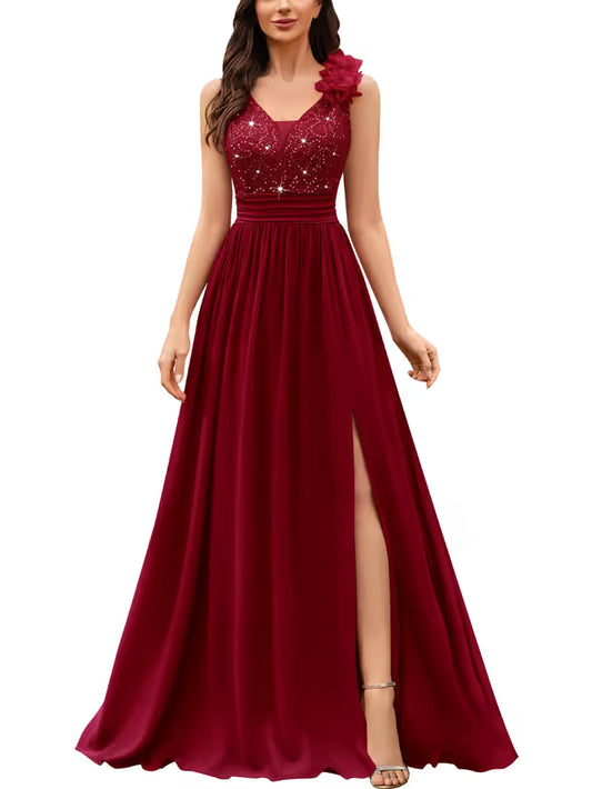 Womens Vintage V-Neck Sequined Maxi Dress – Red L
