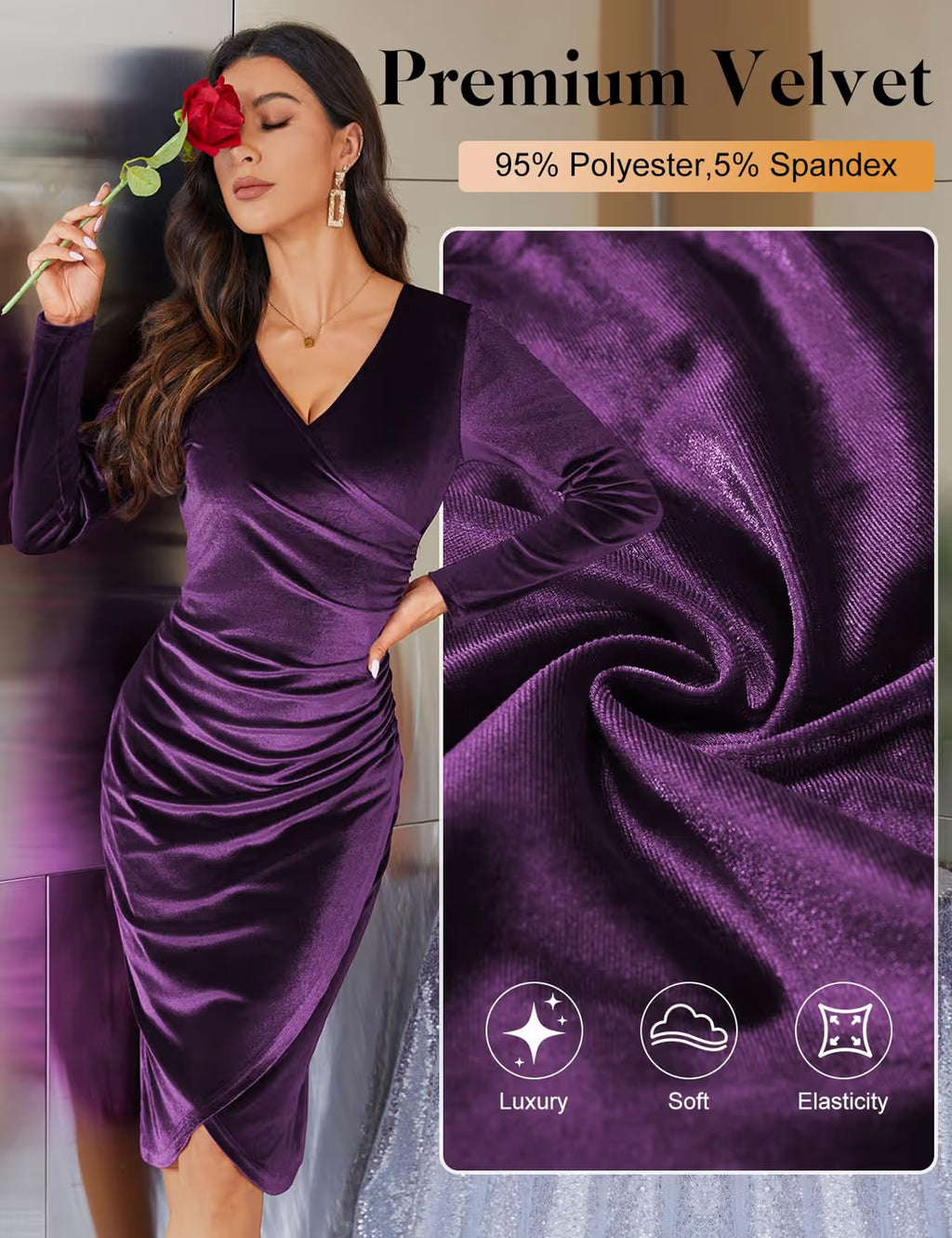 Velvet V Neck Ruched Mini Wrap Dress Women's Size Medium Purple Long Sleeve