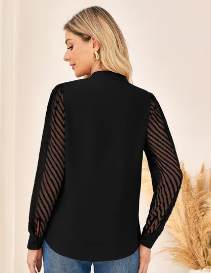 Women's Long Sleeve V-Neck Blouse Autumn Winter Elegant – Black M