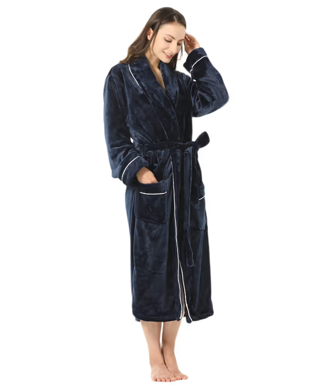 Women's Fleece Bathrobe Shawl Collar Soft Warm Spa Robe