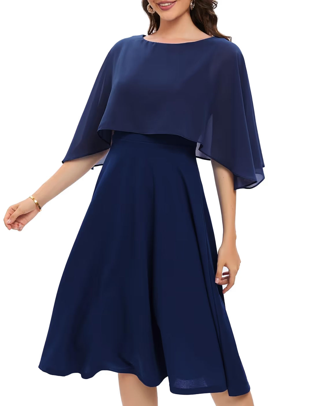 Finadressr Chiffon Overlay Cape Dress Women's Size Small Navy Blue Boat Neck