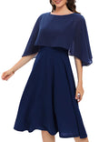 Finadressr Chiffon Overlay Cape Dress Women's Size Small Navy Blue Boat Neck