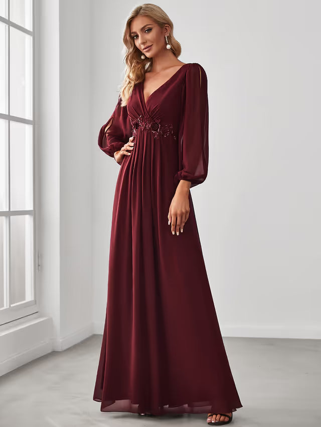 Bridesmaid Dress A-Line Deep V-Neck Appliques Pleated Long Sleeve – Burgundy 14UK