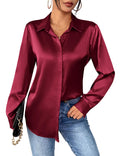 Zeagoo Womens Blouse Satin Elegant V Neck Long Sleeve Casual Shirts Button Down Loose Shirt Business Work Tops Ladies Office Outfit Red M