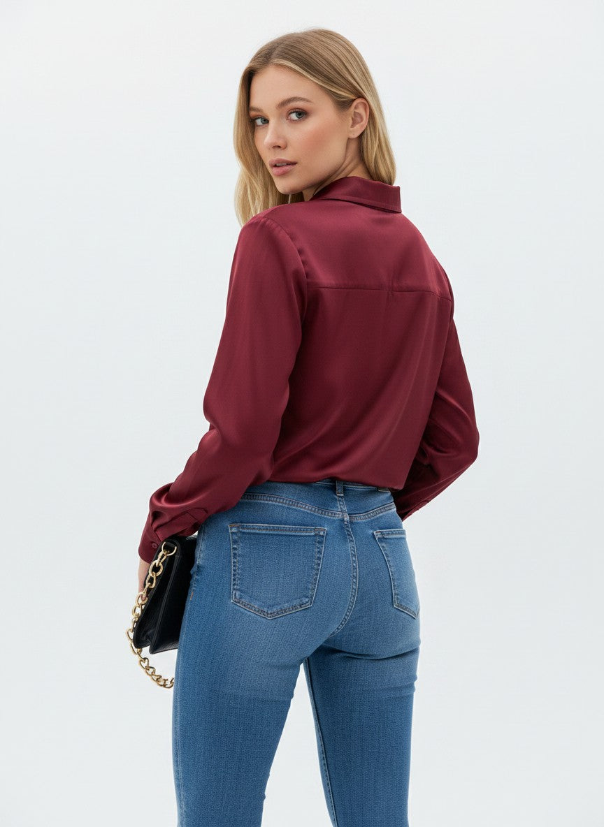 Zeagoo Womens Blouse Satin Elegant V Neck Long Sleeve Casual Shirts Button Down Loose Shirt Business Work Tops Ladies Office Outfit Red M