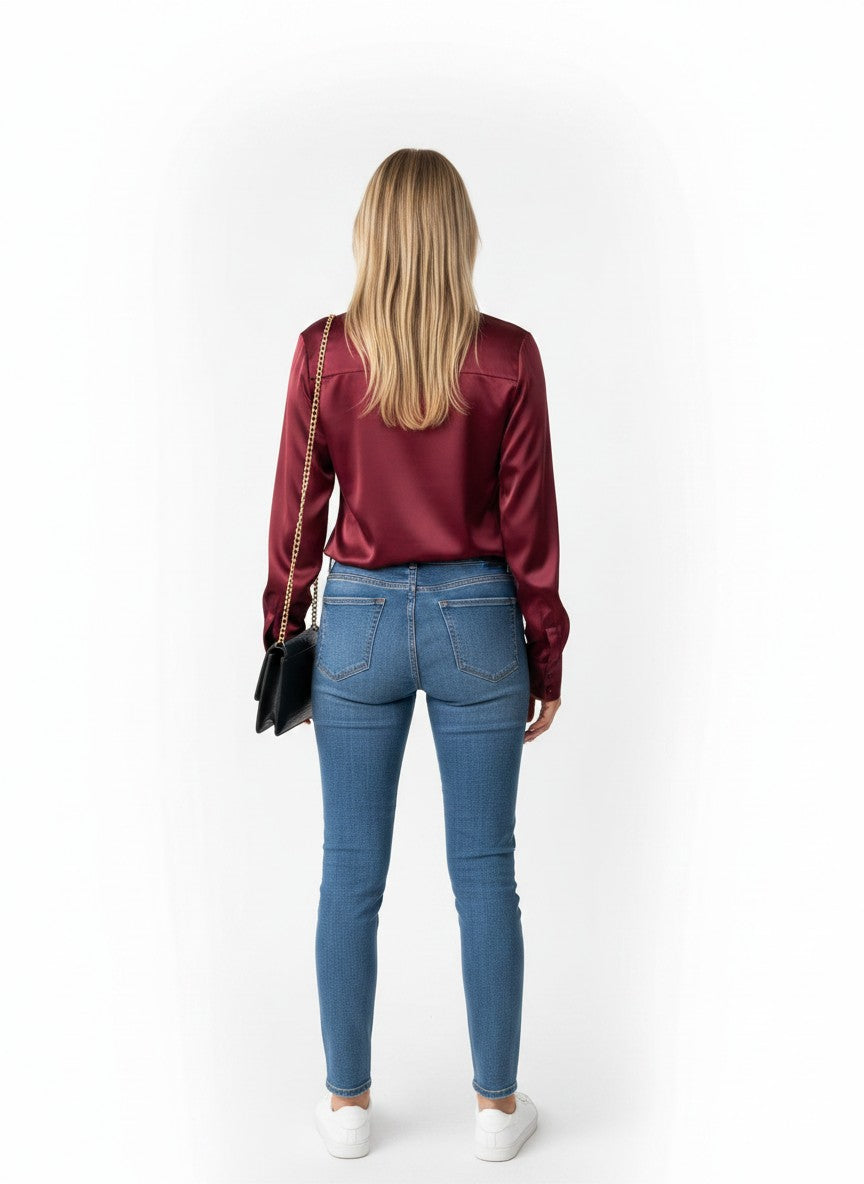 Zeagoo Womens Blouse Satin Elegant V Neck Long Sleeve Casual Shirts Button Down Loose Shirt Business Work Tops Ladies Office Outfit Red M