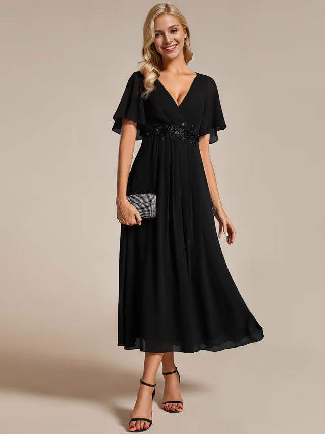 Ever-Pretty V-Neck Pleated A-Line Petite Dress for Wedding Guest – Burnt Black 10UK