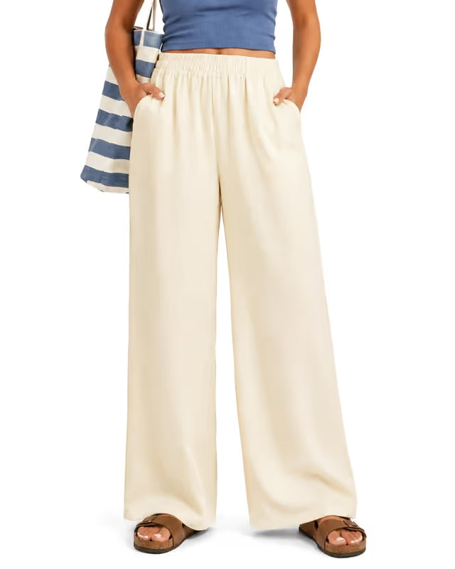 Wide Leg Linen Trousers Pull-On Tall Palazzo Lounge Pants – Beige