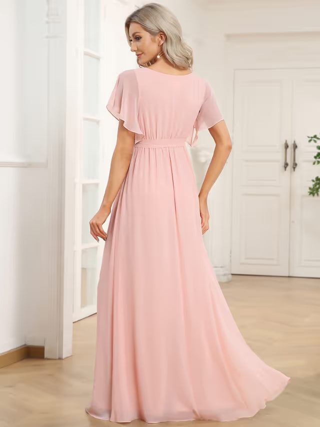 Ever-Pretty V-Neck Chiffon Prom Dress Ruffle Sleeves Plus Size – Pink 24UK
