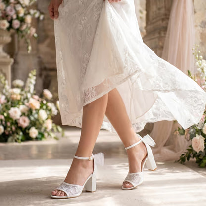 Women's Lace Open-Toe Bow Block Heel Sandals Party Wedding – As Shown