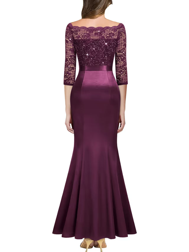 Women's 3/4-Sleeve Lace Sequin Ruffle Fishtail Maxi Dress – Maroon L