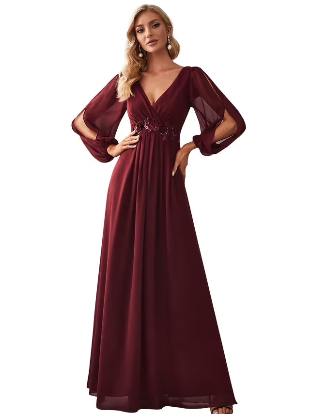 Bridesmaid Dress A-Line Deep V-Neck Appliques Pleated Long Sleeve – Burgundy 14UK