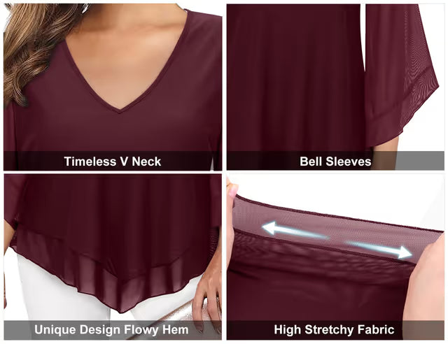 Gemulate Ladies Chiffon Top Ruffle 3/4 Sleeve Blouse – Dark Red M