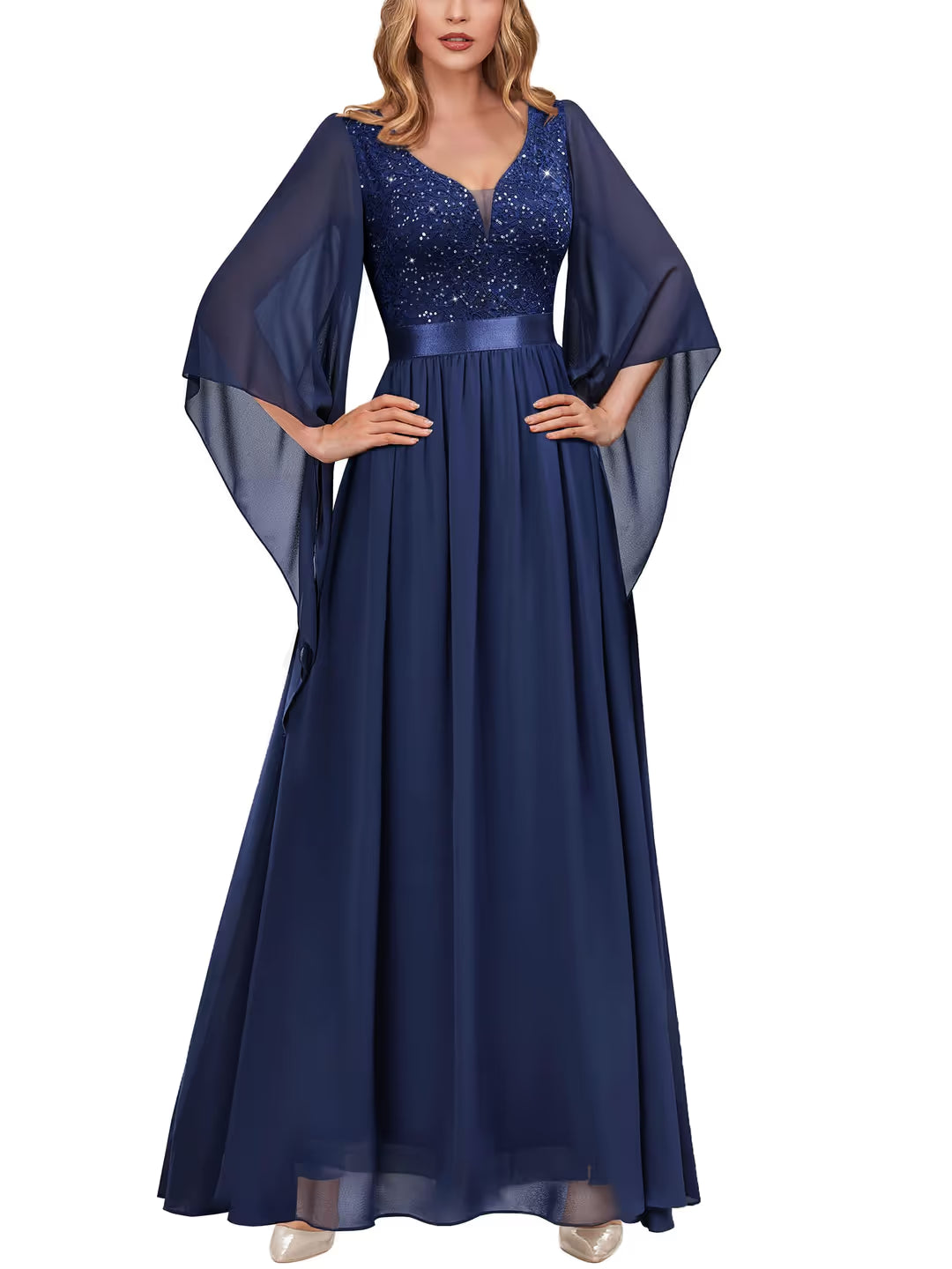 MIUSOL Lace Sequin Evening Dress Women's Small Navy Blue Flare Sleeves Zip Up