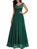 Women's Double V Neck Sequin Lace Chiffon Evening Maxi Dress – Dark Green L