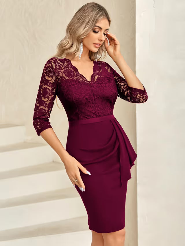 Women's Vintage Lace V-Neck 3/4 Sleeve Bodycon Cocktail Dress Formal Wedding Guest – Wine L