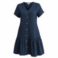 Hotouch Women’s Linen Knee-Length Dress Short Sleeve Button-Down – Navy XL