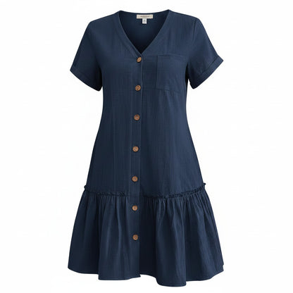 Hotouch Women’s Linen Knee-Length Dress Short Sleeve Button-Down – Navy XL