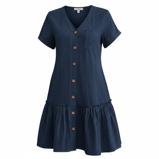 Hotouch Women’s Linen Knee-Length Dress Short Sleeve Button-Down – Navy XL