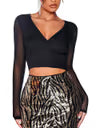 GORGLITTER Women's Wrap Mesh Crop Top Long Sleeve Deep V Neck Party Going Out Sexy Tee T Shirt Black L