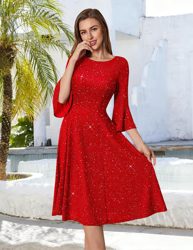 Sequined Midi Prom Dress A-line Modest Bridesmaid Cocktail – Glitter Red M