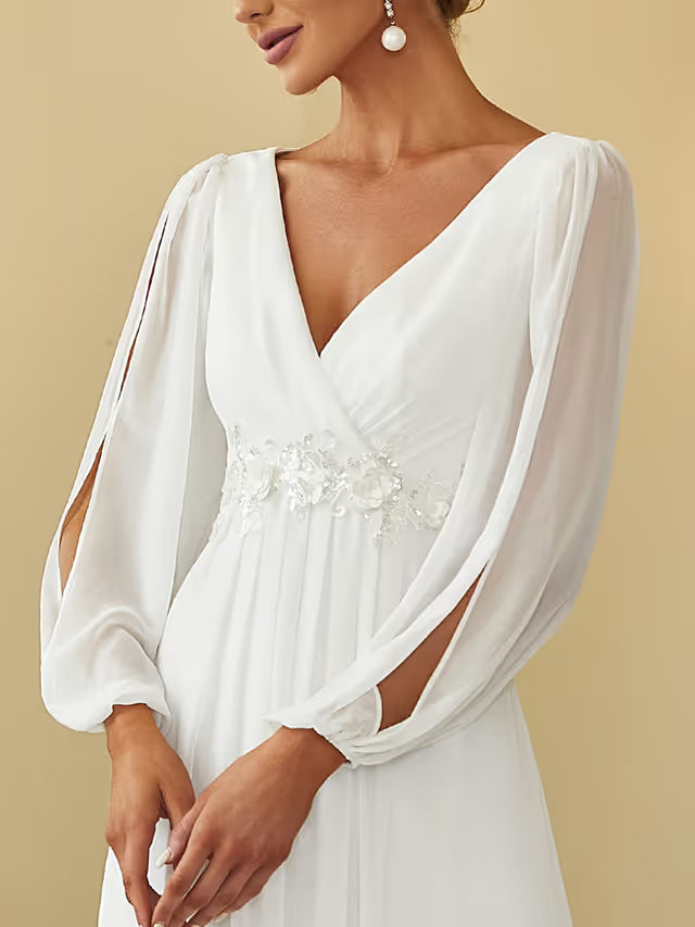 Ever-Pretty Elegant A-Line Appliqué V-Neck Pleated Long Sleeve Dress – Cream 22UK