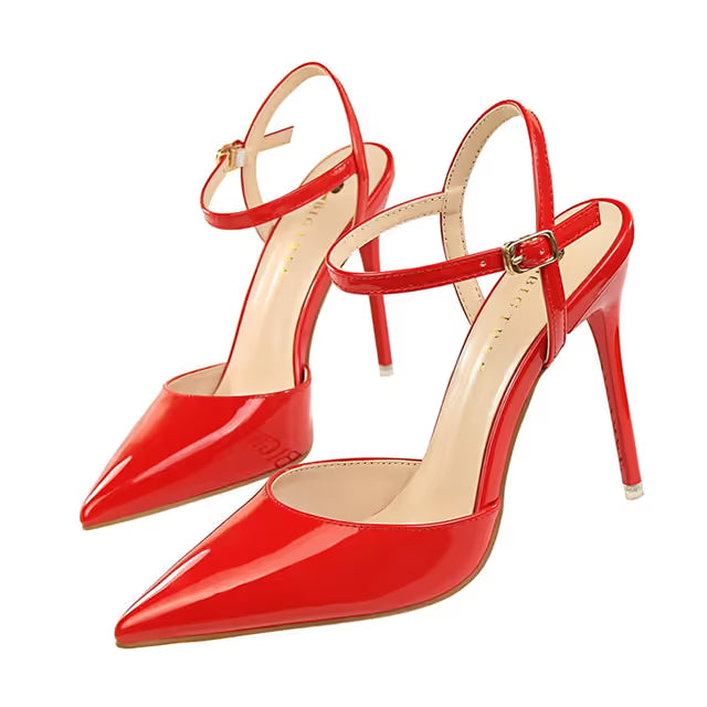 Women's Pointed High Heel Patent Leather Ankle Strap Stiletto Pumps 10.5cm – Red