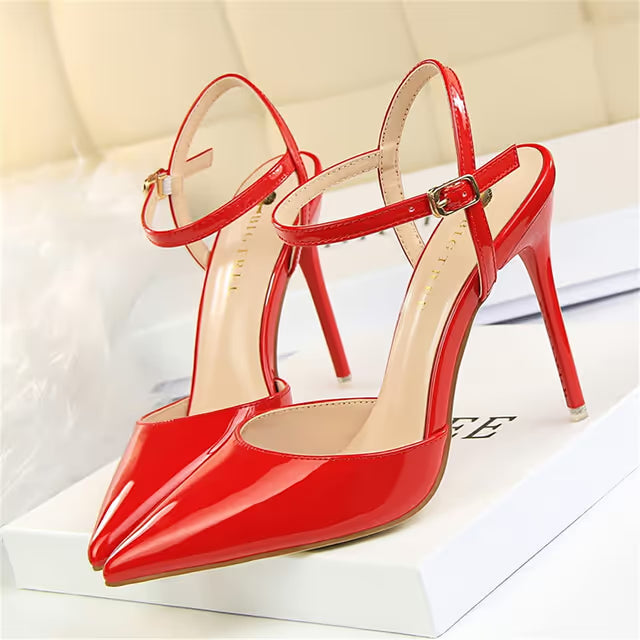 Women's Pointed High Heel Patent Leather Ankle Strap Stiletto Pumps 10.5cm – Red