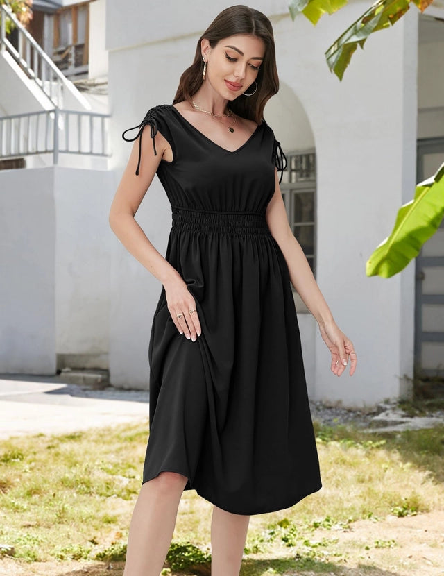 Dresstells A-Line Midi Dress Women's Size Medium Black Sleeveless Smocked Waist
