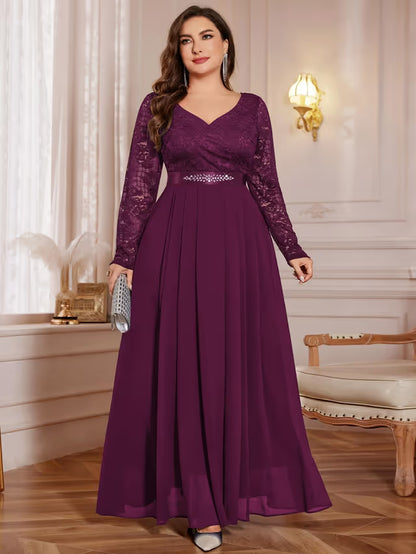 Plus Size Floral Lace Chiffon Maxi Dress Rhinestone Waist – Maroon 2XL