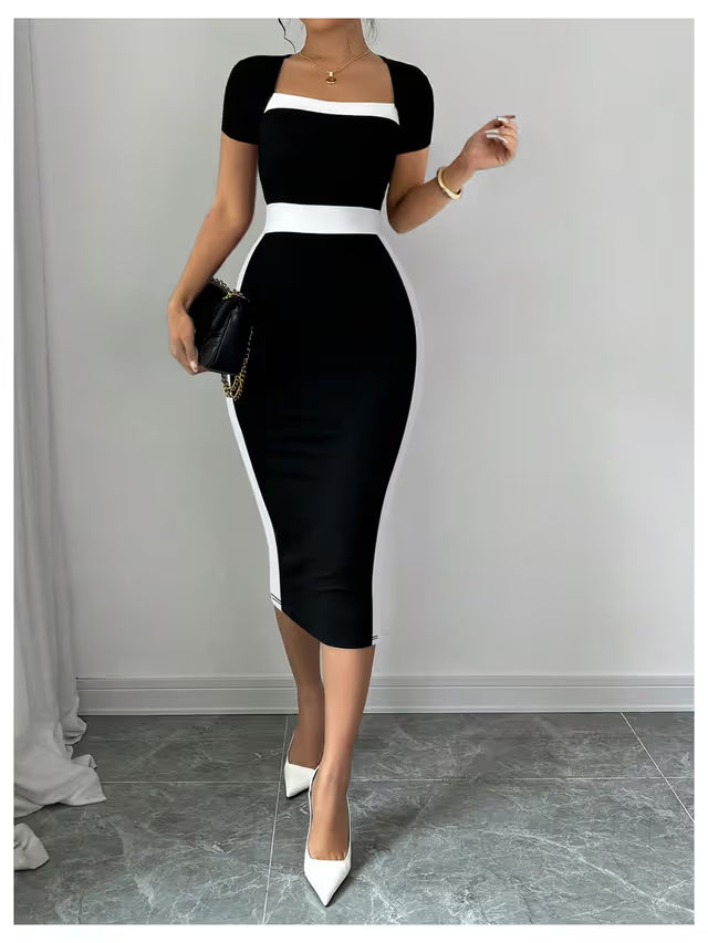 Women’s Square Neck Bodycon Midi Dress Colourblock Short Sleeve - Black/White S