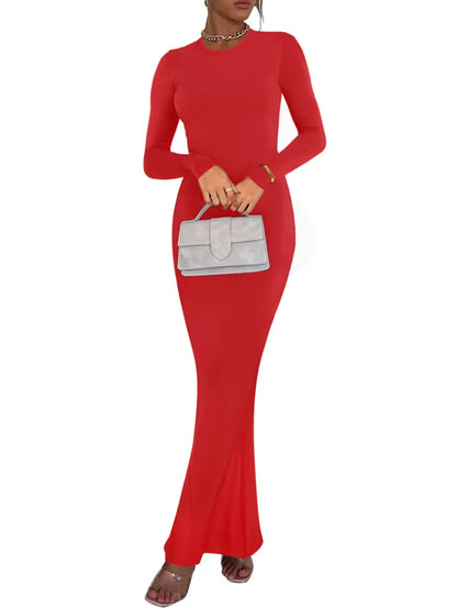 REORIA Women's Sexy Casual Crew Neck Lounge Slimming Long Dress Elegant Wedding Guest Long Sleeve Ribbed Bodycon Maxi Dresses Red Small
