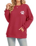 Women's Paw Print Crew Neck Sweatshirt with Pockets – Red 2XL