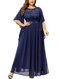 Plus Size Chiffon Sequin Lace Evening Long Dress Butterfly Sleeve – Navy 3XL