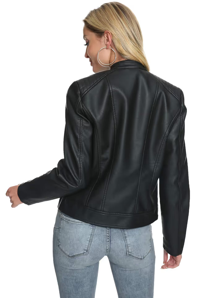 Women’s Faux Leather Moto Jacket Zip-Up Fitted Slim Coat