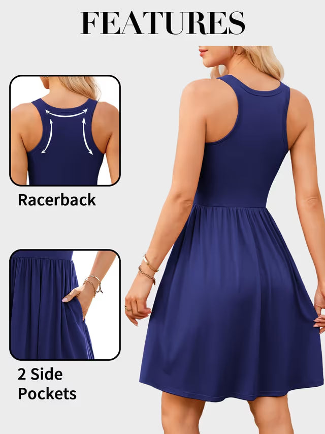 Sundress Built-In Bra Cami Summer Dress Sleeveless A-line – Navy S