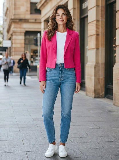 Women's Cropped Blazer One-Button Suit Jacket Elegant Business – Hot Pink M