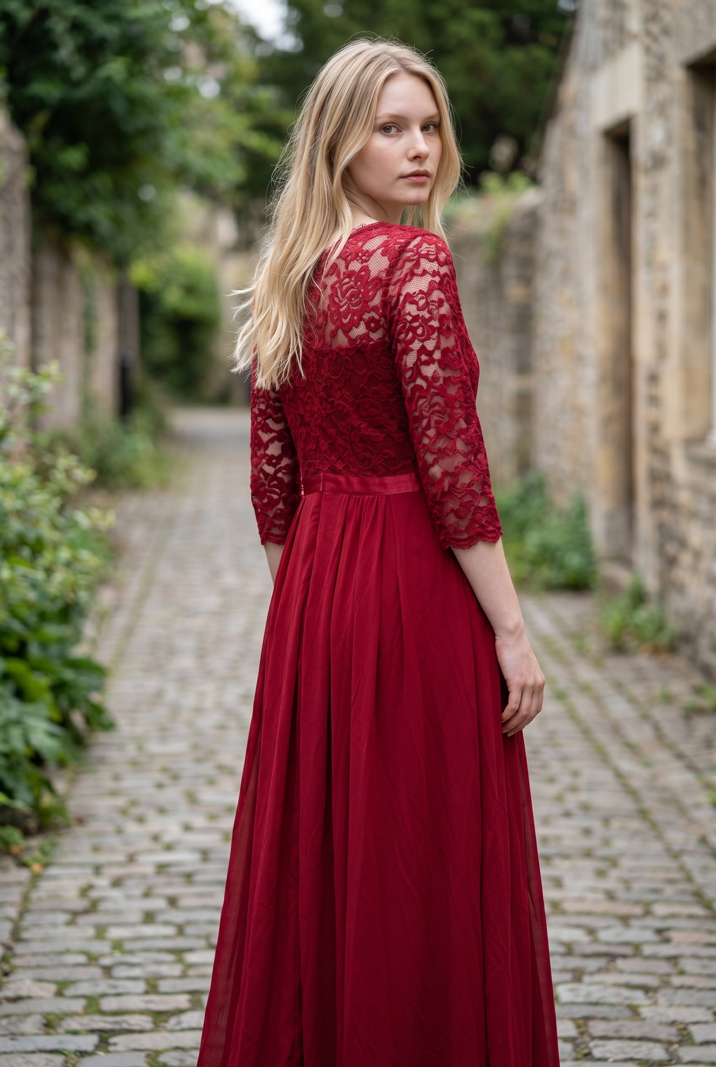 Retro Floral Lace 3/4 Sleeve Bridesmaid Maxi Dress – Red XX‑Large