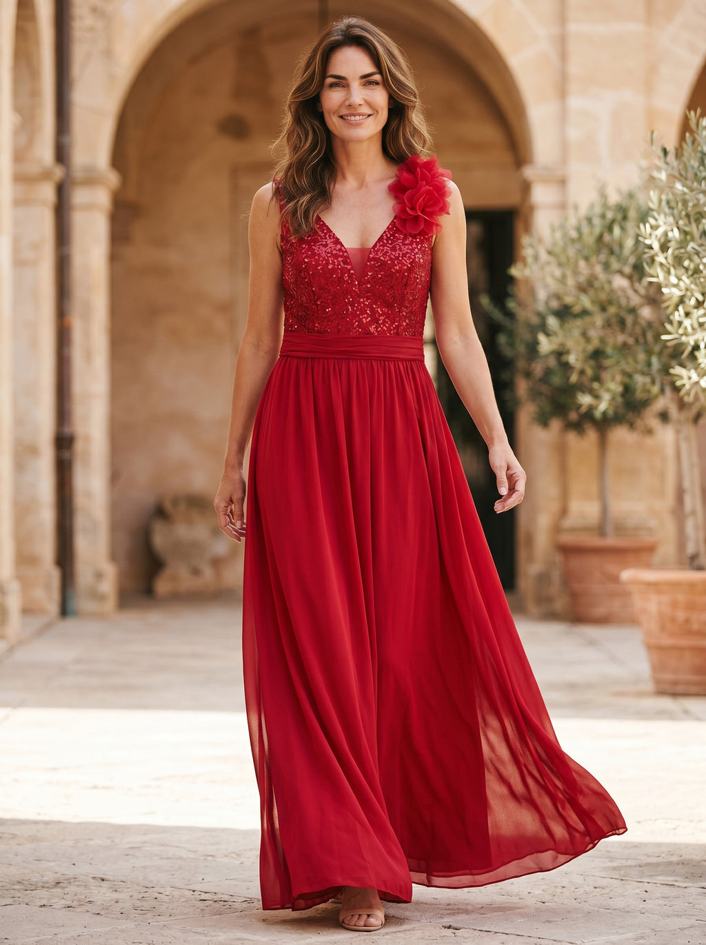 Womens Vintage V-Neck Sequined Maxi Dress – Red L
