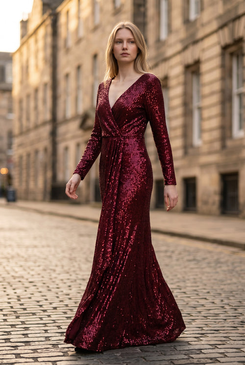 Party Sequin Maxi Dress Halter Neck Bodycon Mermaid – Red XL