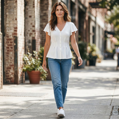 Women's V-Neck Ruffle Smocked Summer Top Short Sleeve – White S
