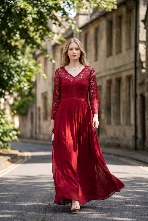 Retro Floral Lace 3/4 Sleeve Bridesmaid Maxi Dress – Red XX‑Large