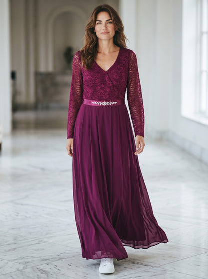 Plus Size Floral Lace Chiffon Maxi Dress Rhinestone Waist – Maroon 2XL