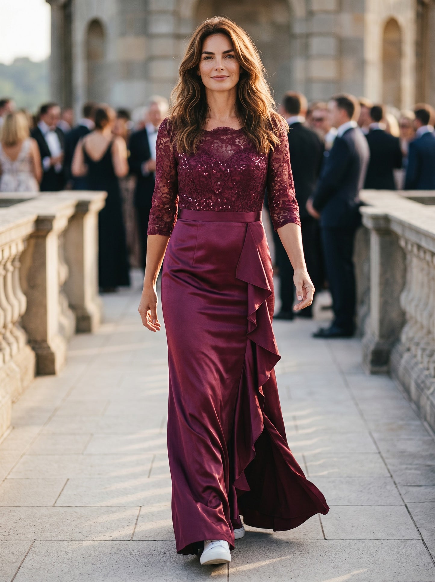 Women's 3/4-Sleeve Lace Sequin Ruffle Fishtail Maxi Dress – Maroon L