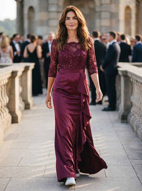 Women's 3/4-Sleeve Lace Sequin Ruffle Fishtail Maxi Dress – Maroon L