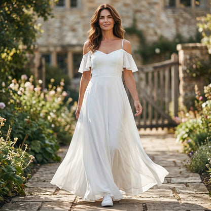 Ever-Pretty Women's Off-Shoulder Chiffon Bridesmaid Dress Empire Waist Side Slit - White UK14
