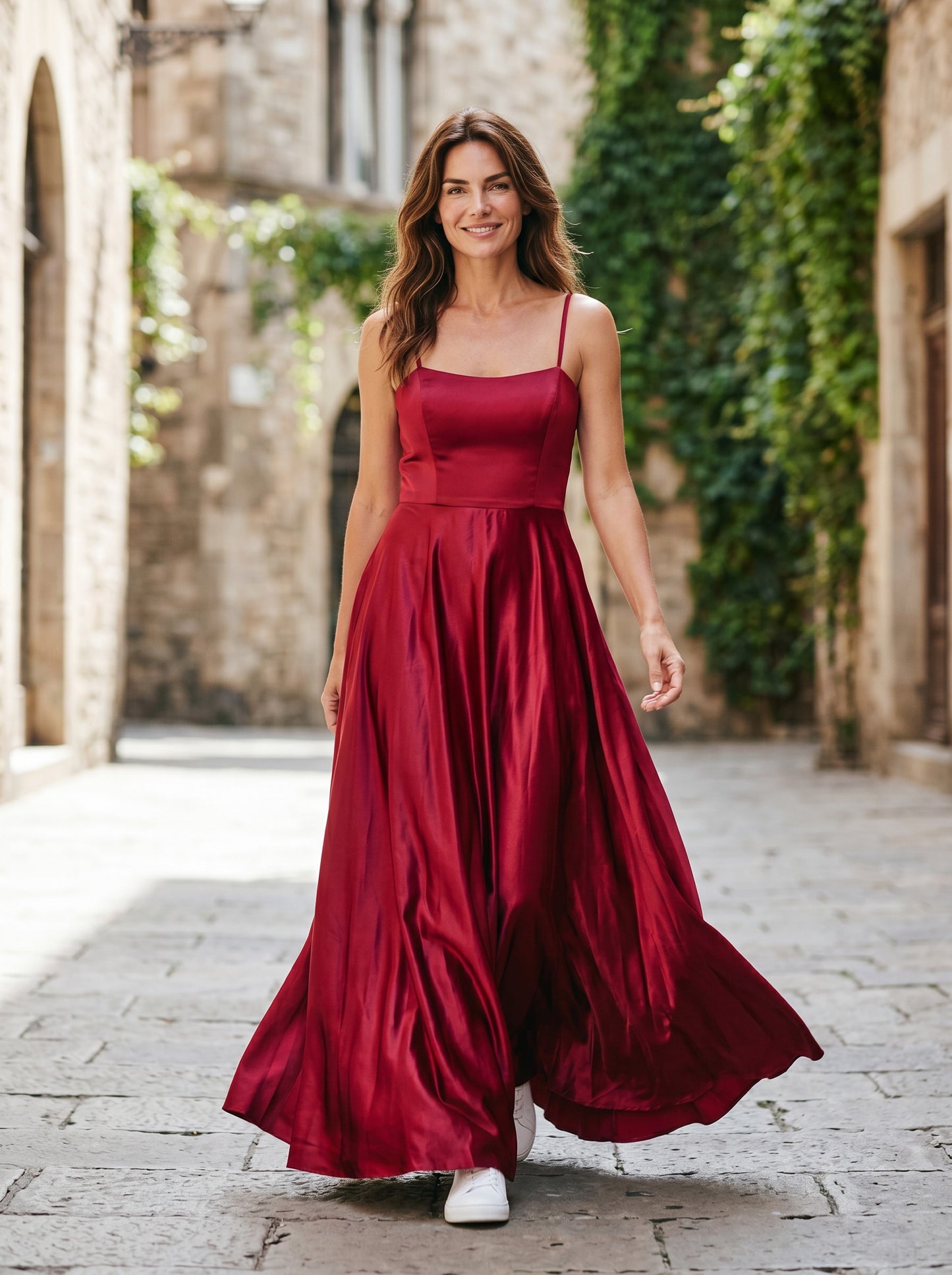 Satin Spaghetti Strap Prom Dress – Burgundy Size 14