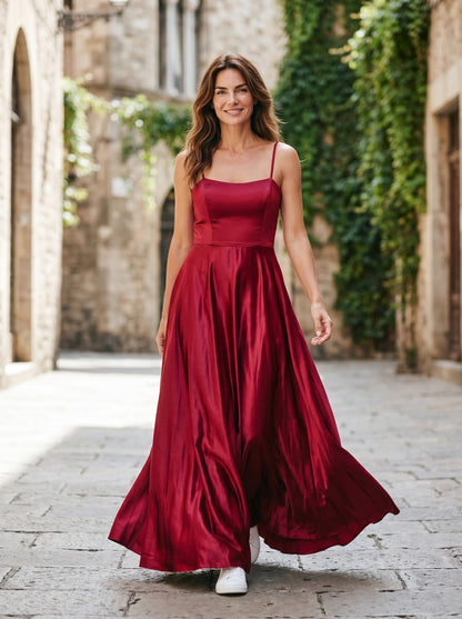 Satin Spaghetti Strap Prom Dress – Burgundy Size 14