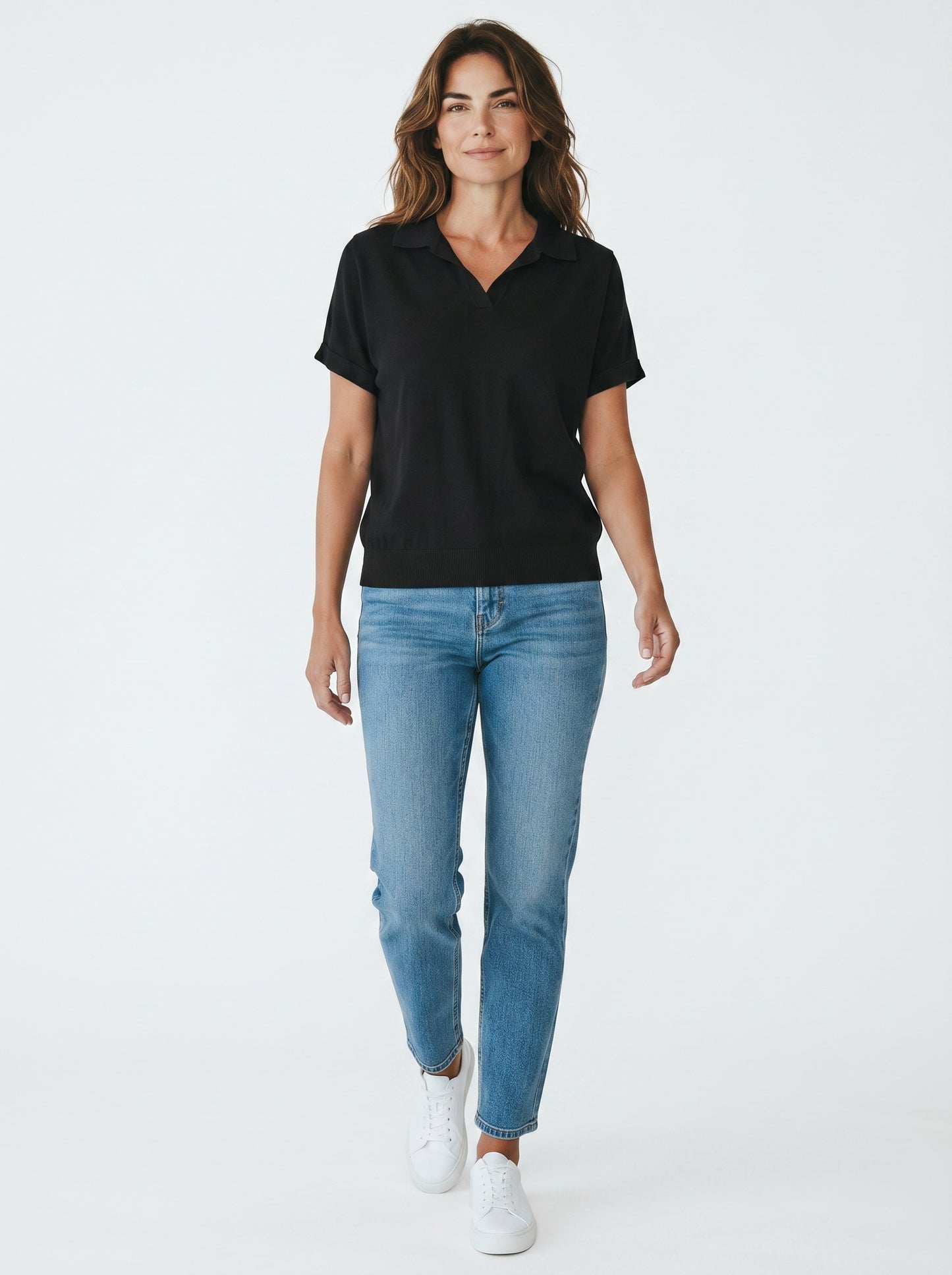 Women’s Short Sleeve V-Neck Polo Knit Jumper – Black XXL